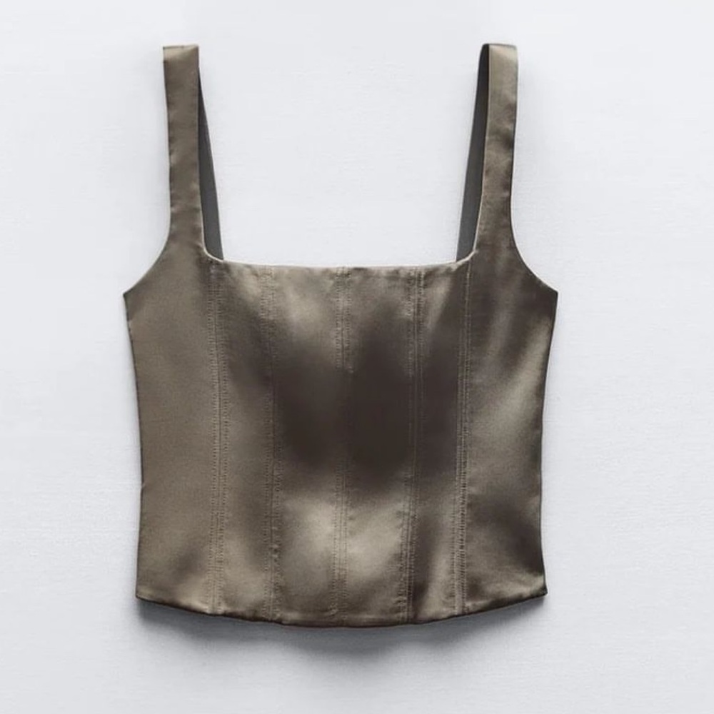 NWT House of Harlow 1960 Satin Corset Crop Top with Zip Up Back in Taupe Size M